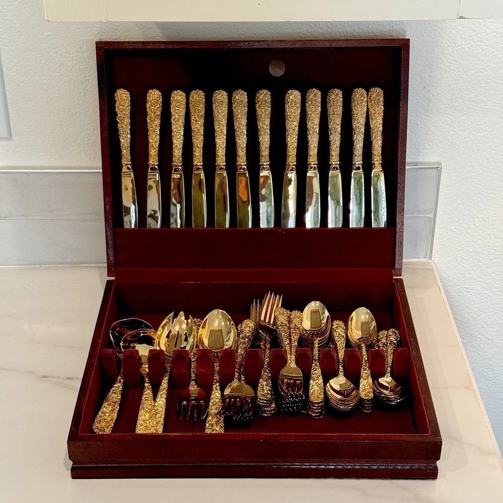 Godinger Olde Bouquet Gold Flatware 64 Pc Set Wood Chest 1 Tsp Missing Vintage